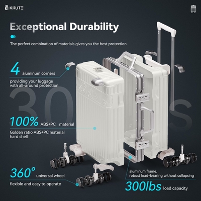 Bagage sans fermeture à glissière avec 8 roues 20 pouces Valide à coque dure avec PC + ABS TSA Lock 4 coin métallique Blanc