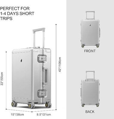 20 pouces de bagages en aluminium, valise à coque dure, bagages sans fermeture à glissière avec serrure TSA et roues filatoires - argent