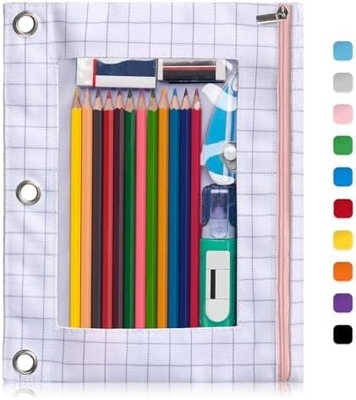 Boîte à crayons de reliure avec fermeture à glissière lisse, boîte à crayons de fenêtre transparente pour reliure, sac à crayons de reliure à 3 anneaux de grande capacité