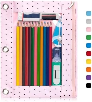 Boîte à crayons de reliure avec fermeture à glissière lisse, boîte à crayons de fenêtre transparente pour reliure, sac à crayons de reliure à 3 anneaux de grande capacité
