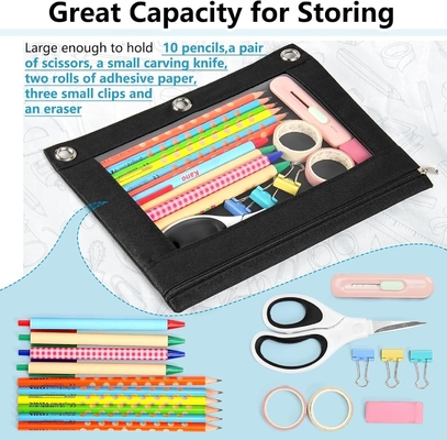 Boîte à crayons de reliure avec fermeture à glissière lisse, boîte à crayons de fenêtre transparente pour reliure, sac à crayons de reliure à 3 anneaux de grande capacité