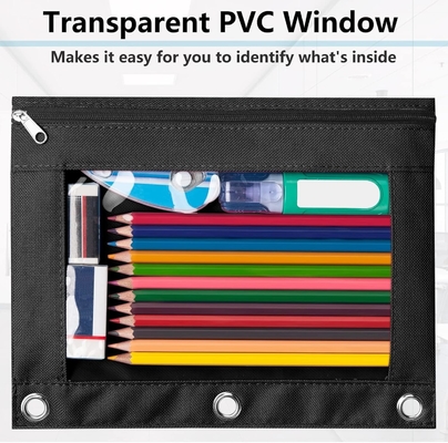 Boîte à crayons de reliure avec fermeture à glissière lisse, boîte à crayons de fenêtre transparente pour reliure, sac à crayons de reliure à 3 anneaux de grande capacité