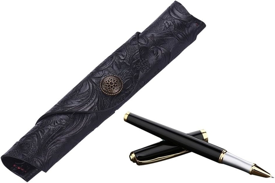 Tissu en cuir à plume unique, portatif en cuir de vache, stylo à plume, manchon, rouleau, enveloppe de stylo, sac (en noir sculpté)