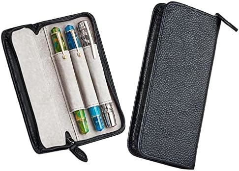 Boîte à stylo en cuir authentique 3 fentes divisées couleur noire, boîte à stylo fermeture à glissière
