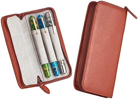 Boîte à stylo en cuir authentique 3 fentes divisées couleur noire, boîte à stylo fermeture à glissière