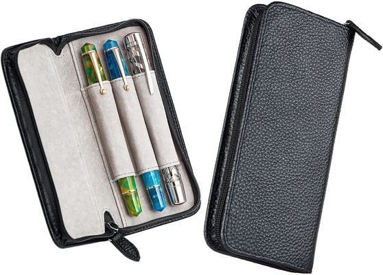 Boîte à stylo en cuir authentique 3 fentes divisées couleur noire, boîte à stylo fermeture à glissière