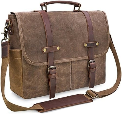 15.6 pouces imperméable à l' eau Vintage en cuir authentique en cire toile porte-documents grand ordinateur en cuir sac portable sac robuste sac à main