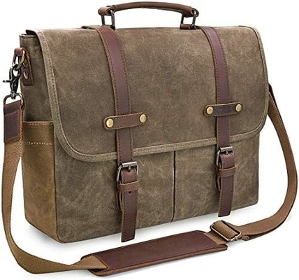 15.6 pouces imperméable à l' eau Vintage en cuir authentique en cire toile porte-documents grand ordinateur en cuir sac portable sac robuste sac à main
