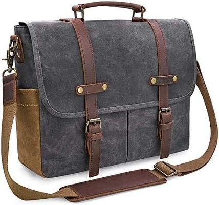 15.6 pouces imperméable à l' eau Vintage en cuir authentique en cire toile porte-documents grand ordinateur en cuir sac portable sac robuste sac à main