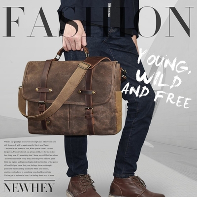 15.6 pouces imperméable à l' eau Vintage en cuir authentique en cire toile porte-documents grand ordinateur en cuir sac portable sac robuste sac à main