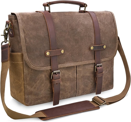 15.6 pouces imperméable à l' eau Vintage en cuir authentique en cire toile porte-documents grand ordinateur en cuir sac portable sac robuste sac à main