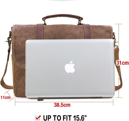 15.6 pouces imperméable à l' eau Vintage en cuir authentique en cire toile porte-documents grand ordinateur en cuir sac portable sac robuste sac à main