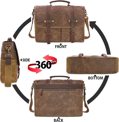 15.6 pouces imperméable à l' eau Vintage en cuir authentique en cire toile porte-documents grand ordinateur en cuir sac portable sac robuste sac à main