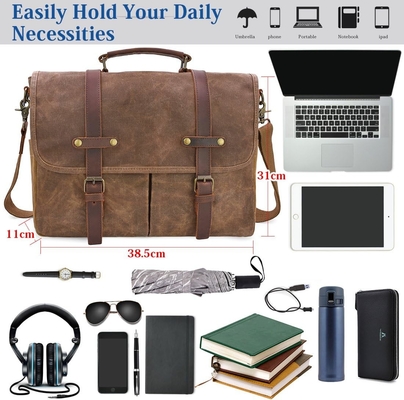 15.6 pouces imperméable à l' eau Vintage en cuir authentique en cire toile porte-documents grand ordinateur en cuir sac portable sac robuste sac à main