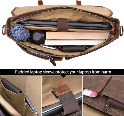 15.6 pouces imperméable à l' eau Vintage en cuir authentique en cire toile porte-documents grand ordinateur en cuir sac portable sac robuste sac à main