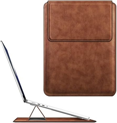 Étui pour ordinateur portable MacBook Air 13.6M3 M2 A3113 A2681/MacBook Pro 14 A2992-PU Couverture de sac mince en cuir avec fonction de support, brun