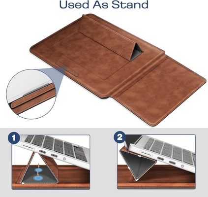 Étui pour ordinateur portable MacBook Air 13.6M3 M2 A3113 A2681/MacBook Pro 14 A2992-PU Couverture de sac mince en cuir avec fonction de support, brun