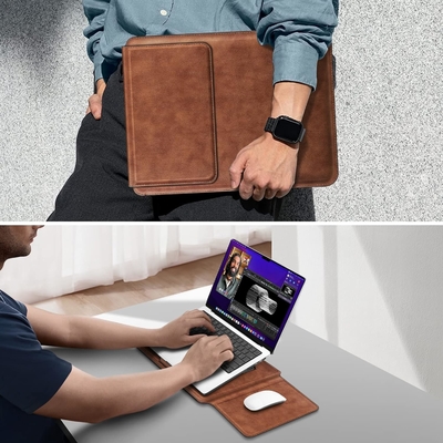 Étui pour ordinateur portable MacBook Air 13.6M3 M2 A3113 A2681/MacBook Pro 14 A2992-PU Couverture de sac mince en cuir avec fonction de support, brun