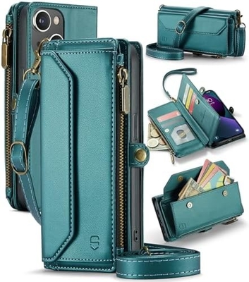 Étui pour iPhone 13, portefeuille fermeture à glissière avec 7 cartes, bracelet magnétique en cuir