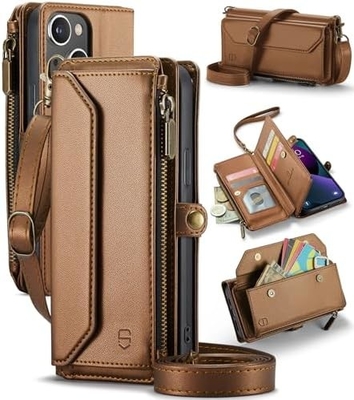 Étui pour iPhone 13, portefeuille fermeture à glissière avec 7 cartes, bracelet magnétique en cuir