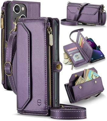 Étui pour iPhone 13, portefeuille fermeture à glissière avec 7 cartes, bracelet magnétique en cuir