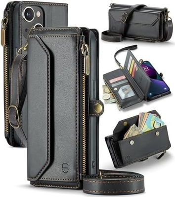 Étui pour iPhone 13, portefeuille fermeture à glissière avec 7 cartes, bracelet magnétique en cuir