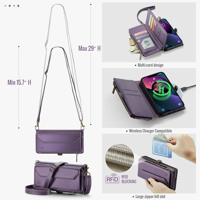 Étui pour iPhone 13, portefeuille fermeture à glissière avec 7 cartes, bracelet magnétique en cuir