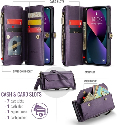 Étui pour iPhone 13, portefeuille fermeture à glissière avec 7 cartes, bracelet magnétique en cuir