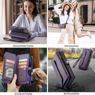 Étui pour iPhone 13, portefeuille fermeture à glissière avec 7 cartes, bracelet magnétique en cuir