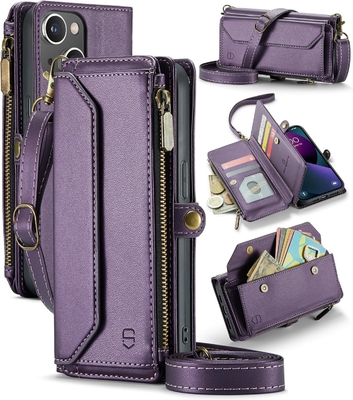 Étui pour iPhone 13, portefeuille fermeture à glissière avec 7 cartes, bracelet magnétique en cuir