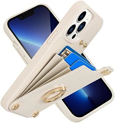 Détenteur de carte avec iPhone 13 Pro Max, détenteur d'anneau rotatif à 360°, porte-cartes en cuir, couvercle antichoc RFID,