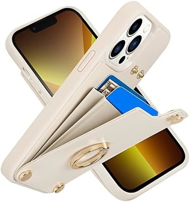 Détenteur de carte avec iPhone 13 Pro Max, détenteur d'anneau rotatif à 360°, porte-cartes en cuir, couvercle antichoc RFID,