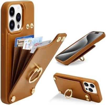 Détenteur de carte avec iPhone 13 Pro Max, détenteur d'anneau rotatif à 360°, porte-cartes en cuir, couvercle antichoc RFID,