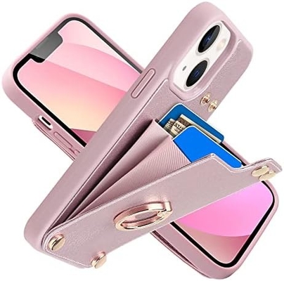 Détenteur de carte avec iPhone 13 Pro Max, détenteur d'anneau rotatif à 360°, porte-cartes en cuir, couvercle antichoc RFID,