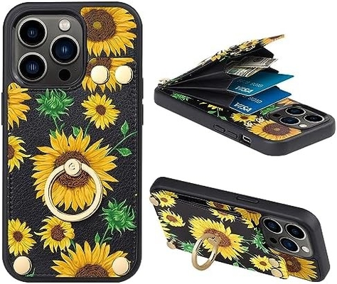Détenteur de carte avec iPhone 13 Pro Max, détenteur d'anneau rotatif à 360°, porte-cartes en cuir, couvercle antichoc RFID,