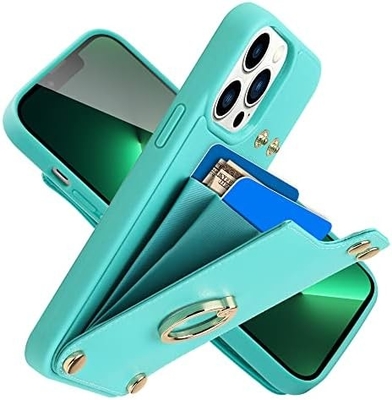 Détenteur de carte avec iPhone 13 Pro Max, détenteur d'anneau rotatif à 360°, porte-cartes en cuir, couvercle antichoc RFID,