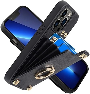 Détenteur de carte avec iPhone 13 Pro Max, détenteur d'anneau rotatif à 360°, porte-cartes en cuir, couvercle antichoc RFID,
