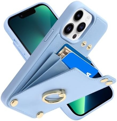 Détenteur de carte avec iPhone 13 Pro Max, détenteur d'anneau rotatif à 360°, porte-cartes en cuir, couvercle antichoc RFID,