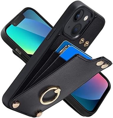 Détenteur de carte avec iPhone 13 Pro Max, détenteur d'anneau rotatif à 360°, porte-cartes en cuir, couvercle antichoc RFID,