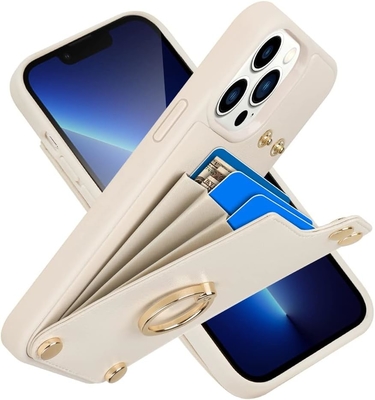 Détenteur de carte avec iPhone 13 Pro Max, détenteur d'anneau rotatif à 360°, porte-cartes en cuir, couvercle antichoc RFID,