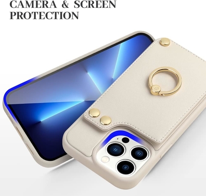 Détenteur de carte avec iPhone 13 Pro Max, détenteur d'anneau rotatif à 360°, porte-cartes en cuir, couvercle antichoc RFID,
