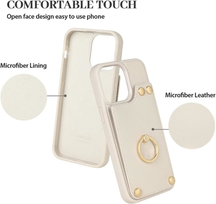 Détenteur de carte avec iPhone 13 Pro Max, détenteur d'anneau rotatif à 360°, porte-cartes en cuir, couvercle antichoc RFID,