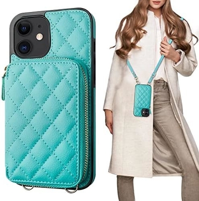 Sac à dos croisé iPhone 12/12 Pro, RFID blindé support de sangle en cuir en PU avec fente pour carte Lanyard de sangle de poignet de sac séparé