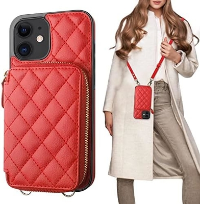 Sac à dos croisé iPhone 12/12 Pro, RFID blindé support de sangle en cuir en PU avec fente pour carte Lanyard de sangle de poignet de sac séparé