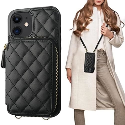 Sac à dos croisé iPhone 12/12 Pro, RFID blindé support de sangle en cuir en PU avec fente pour carte Lanyard de sangle de poignet de sac séparé