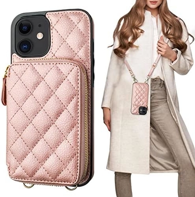 Sac à dos croisé iPhone 12/12 Pro, RFID blindé support de sangle en cuir en PU avec fente pour carte Lanyard de sangle de poignet de sac séparé