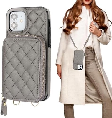 Sac à dos croisé iPhone 12/12 Pro, RFID blindé support de sangle en cuir en PU avec fente pour carte Lanyard de sangle de poignet de sac séparé