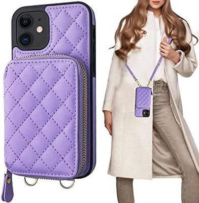 Sac à dos croisé iPhone 12/12 Pro, RFID blindé support de sangle en cuir en PU avec fente pour carte Lanyard de sangle de poignet de sac séparé