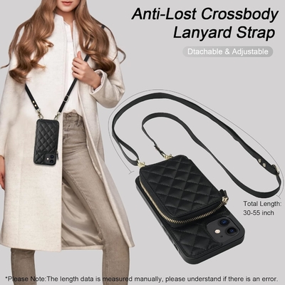Sac à dos croisé iPhone 12/12 Pro, RFID blindé support de sangle en cuir en PU avec fente pour carte Lanyard de sangle de poignet de sac séparé