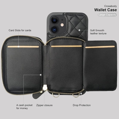 Sac à dos croisé iPhone 12/12 Pro, RFID blindé support de sangle en cuir en PU avec fente pour carte Lanyard de sangle de poignet de sac séparé